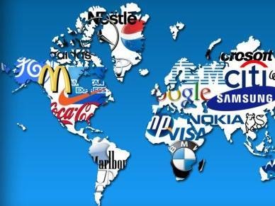 World map overlayed with brand trademarks.