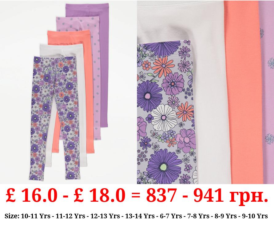 Purple Ditsy Floral Rib Leggings 5 Pack