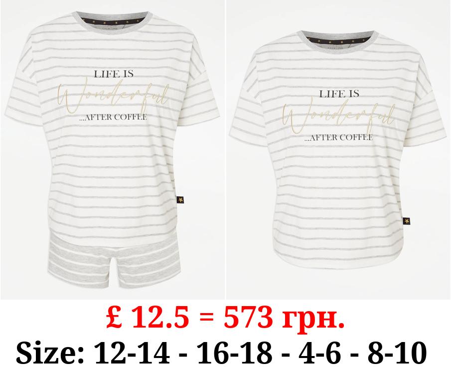 Grey Striped Coffee Slogan Short Pyjamas