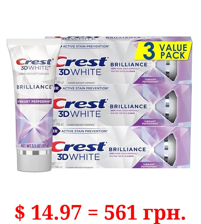 Crest 3D White Brilliance Teeth Whitening Toothpaste, Vibrant Peppermint, 3.5 oz, Pack of 3