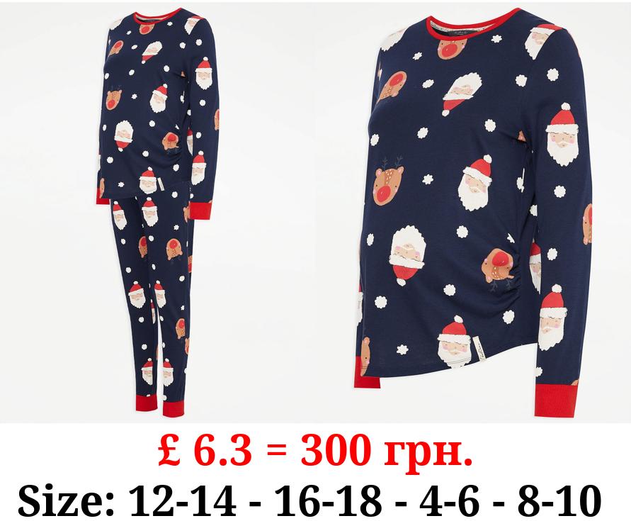 Maternity Navy Long Sleeve Christmas Pyjamas