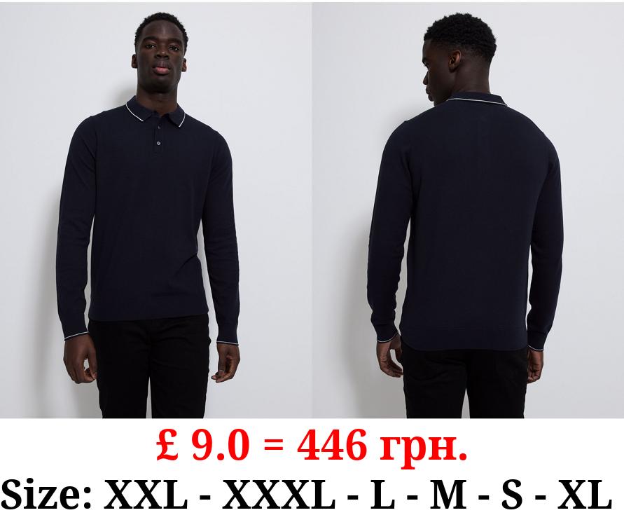 Navy Long Sleeve Knitted Polo Top