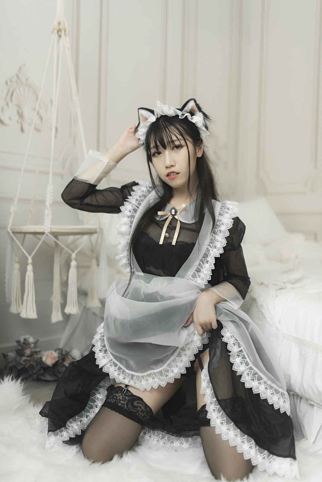 Cosplay 不呆猫 透明黑丝女仆 48