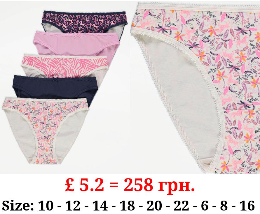Pink Zebra Floral Brief Knickers 5 Pack