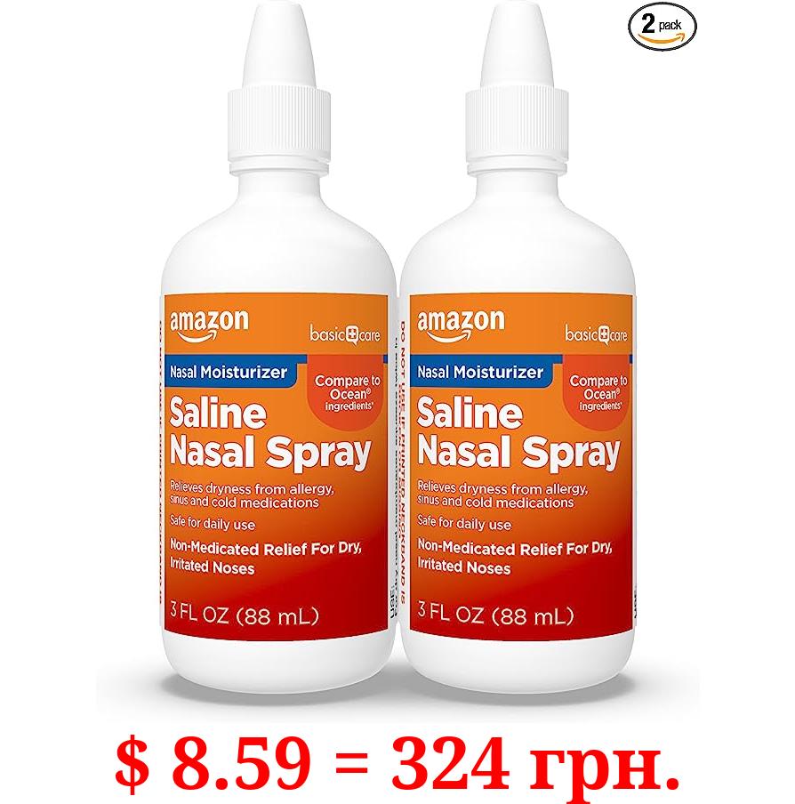 Amazon Basic Care Premium Saline Nasal Moisturizing Spray, Instantly Soothing Nasal Mist Nose Spray, Non-Medicated Relief, 3 Fluid Ounces, Pack of 2