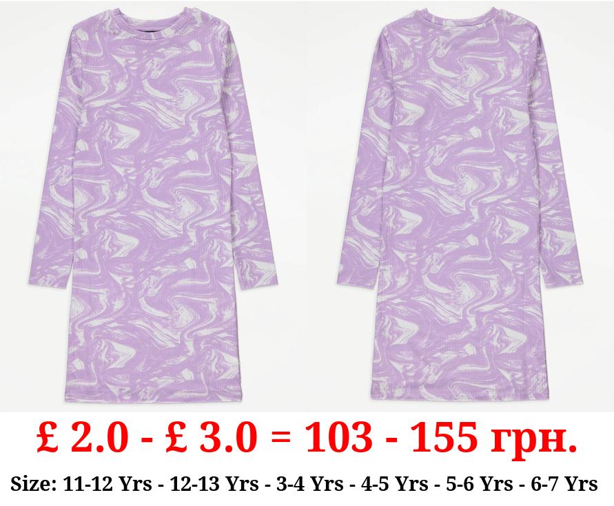 Lilac Marble Ribbed Long Sleeve Dress