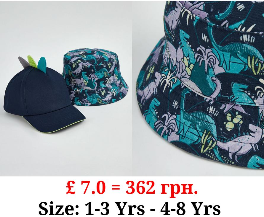 Navy Dinosaur Bucket Hat and Cap Set