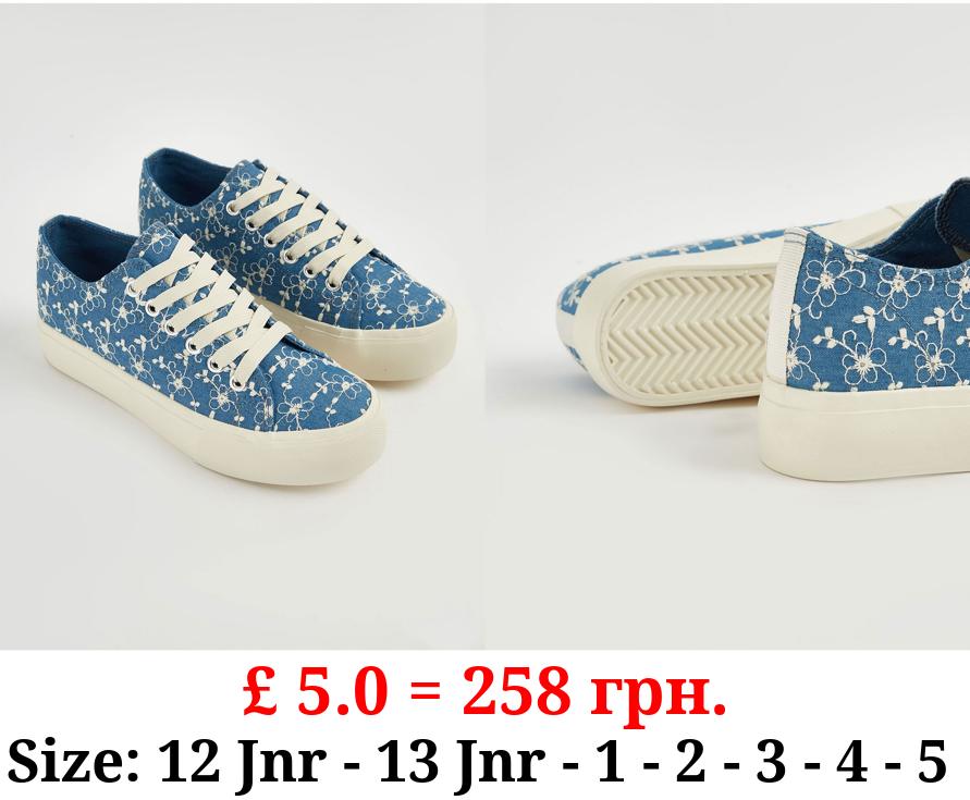 Blue Broderie Platform Trainers