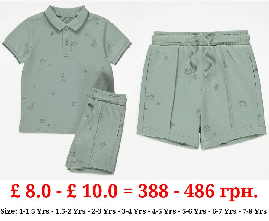 Sage Green Dinosaur Polo Top and Shorts Outfit