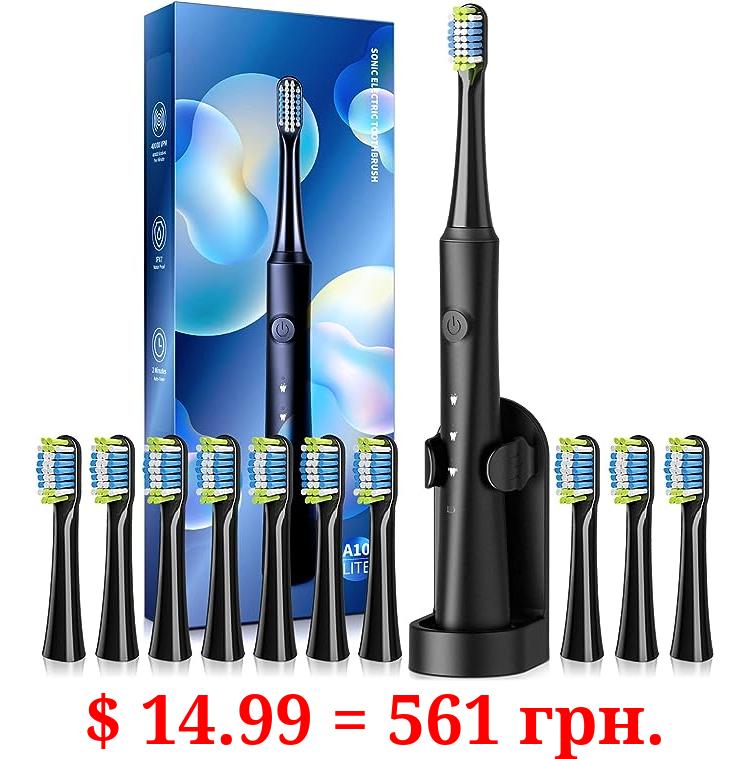 TEETHEORY Sonic Electric Toothbrush for Adults with Holder and 10 Brush Heads, Rechargeable Sonic Toothbrush Fast 2 Hr Charge Last 35 Days, 40000 VPM and 3 Modes - Black (Black)