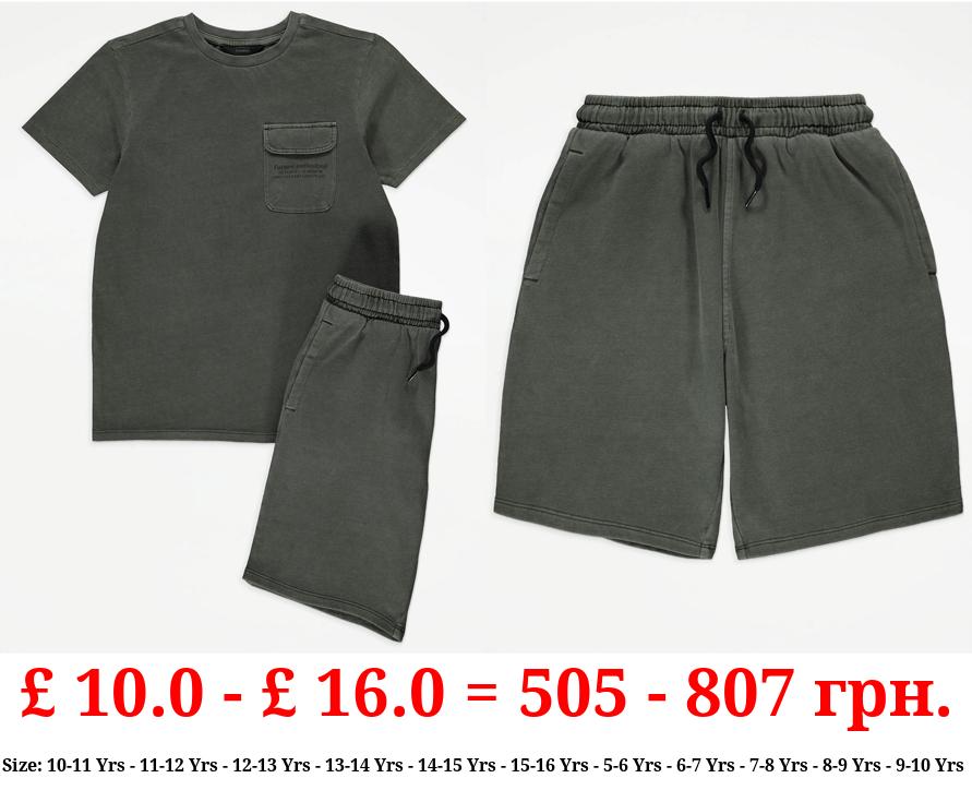 Khaki Washed Effect T-Shirt and Shorts Outfit