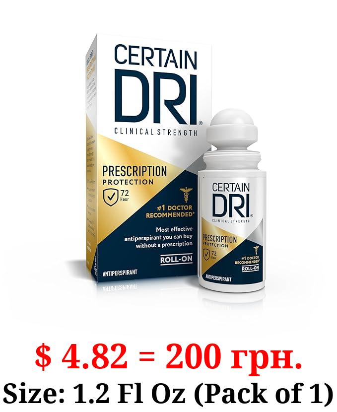 Certain Dri Prescription Strength Clinical Antiperspirant Roll-On Deodorant, Hyperhidrosis Treatment for Men & Women, Long-Lasting 72hr Protection, Effective Sweat Control, Fragrance Free, 1.2 Fl oz