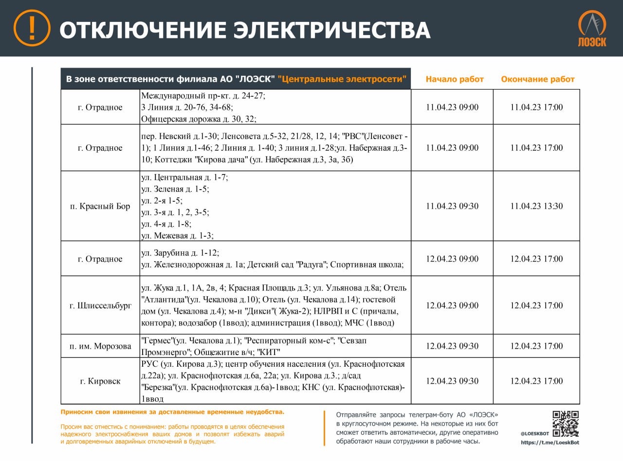 Плановое отключение электроэнергии