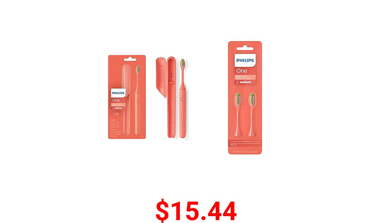 Philips One by Sonicare Battery Toothbrush, Miami Coral, HY1100/01 + Philips One by Sonicare 2pk Brush Heads, Miami Coral, BH1022/01