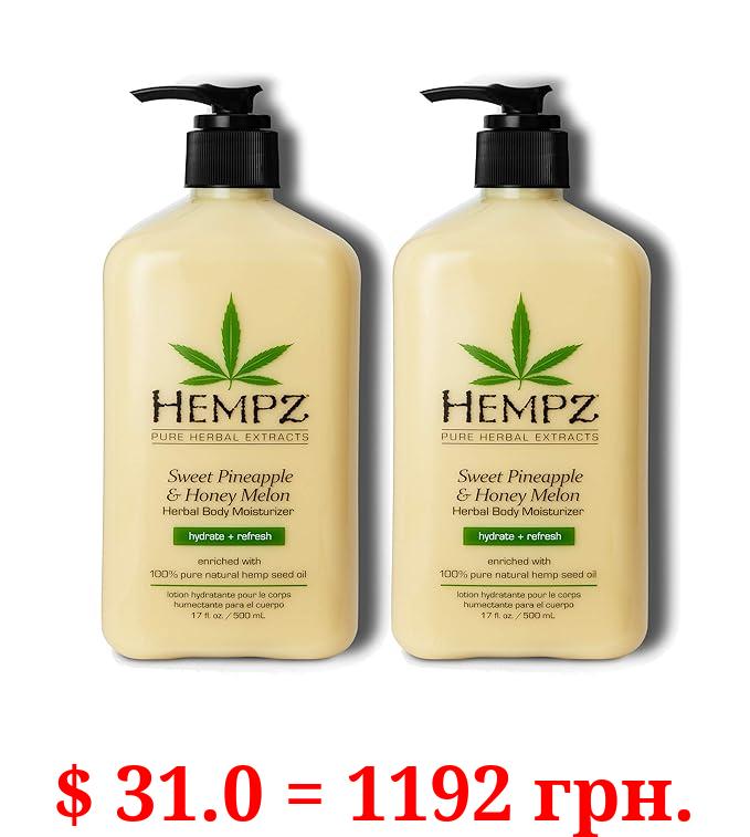 Hempz Sweet Pineapple & Honey Melon Moisturizing Skin Lotion, Natural Hemp Seed Herbal Body Moisturizer with Jojoba, Natural Extracts, Vitamin A and E, 17 oz, 2 Pack Bundle