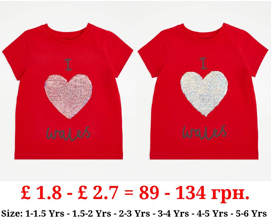 Red I Love Wales Flippy Sequin Heart T-Shirt