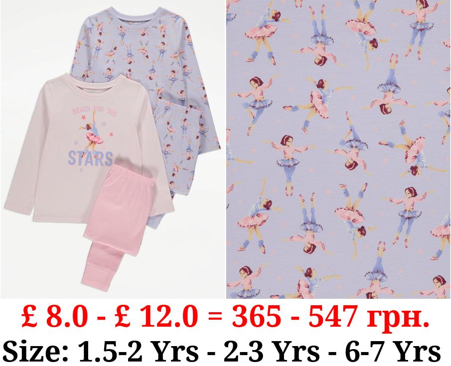 Ballerina Print Long Sleeve Pyjamas 2 Pack