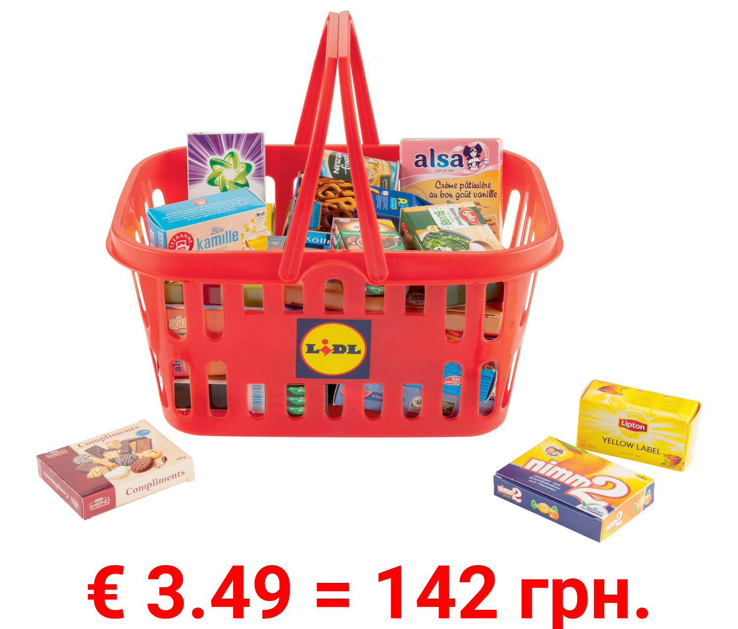 Playtive Einkaufskorb mit Marken- und Eigenmarken miniaturen