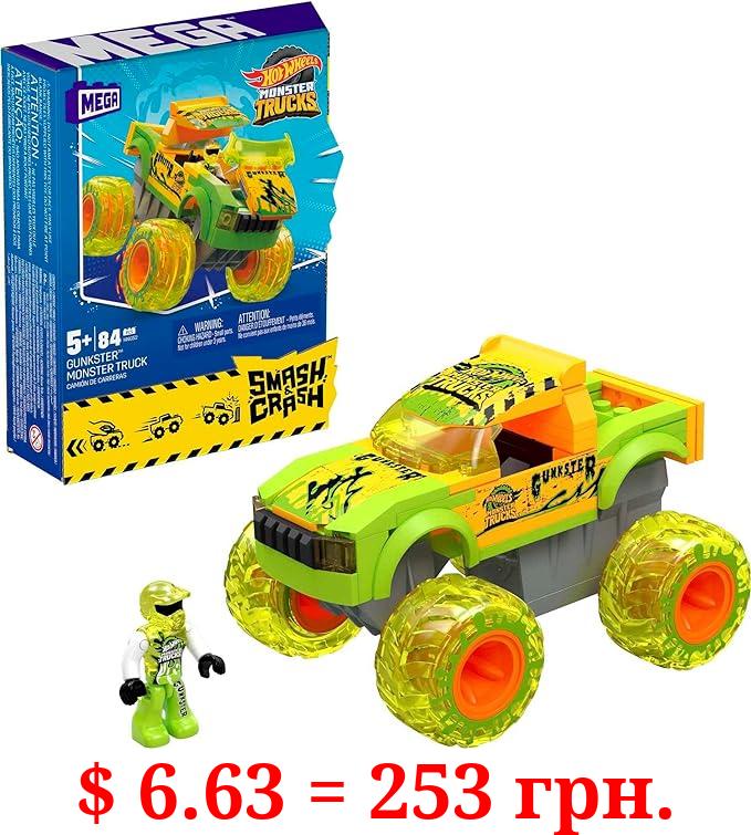 MEGA Hot Wheels Monster Trucks Building Toy Car, Smash & Crash Gunkster with 84 Pieces, 1 Micro Action Figure Driver, Green, Kids Age 5+ Years