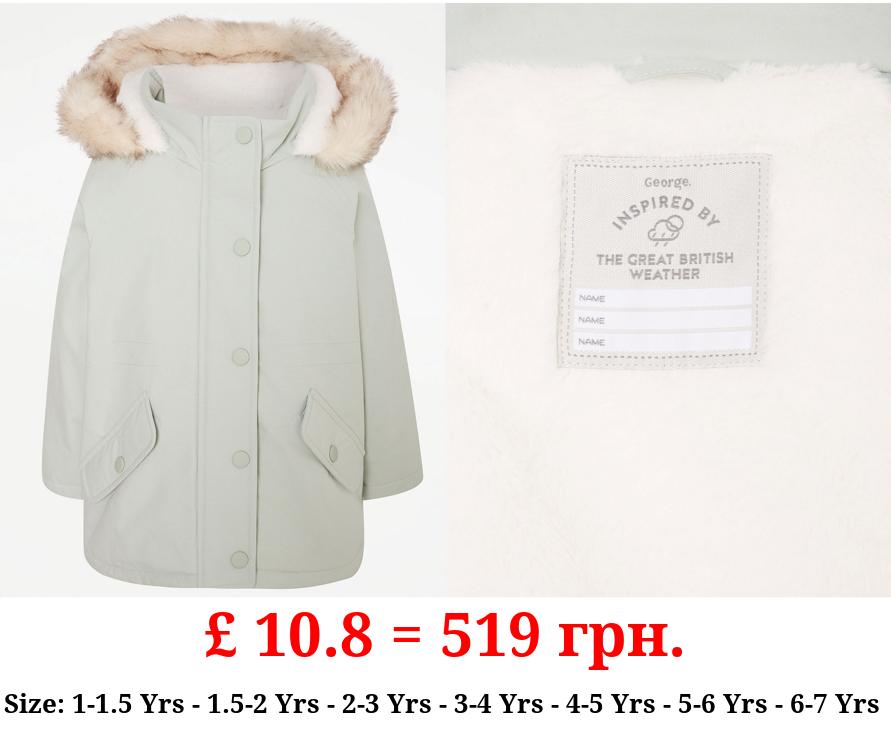Sage Green Faux Fur Trim Parka Coat
