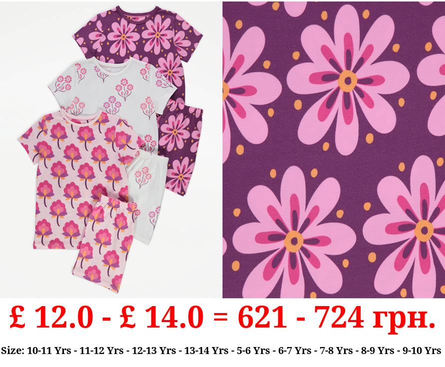 Pink Geometric Floral Short Pyjamas 3 Pack