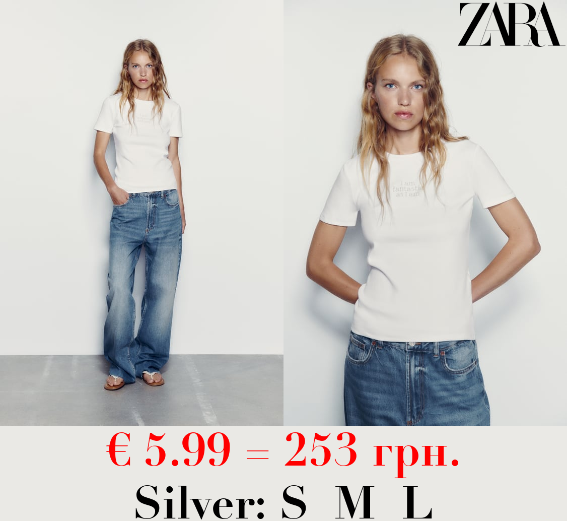 T-SHIRT WITH SHIMMER AND SLOGAN