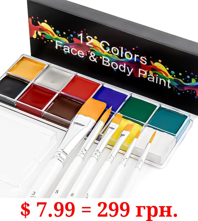 SOVONCARE Oil Based Face Paint Kit, Professional Face and Body Paint 12 Colors, Face Painting Makeup Palette with 6 Brushes, Non Toxic Safe for Halloween Cosplay SFX Party Special Effects Makeup