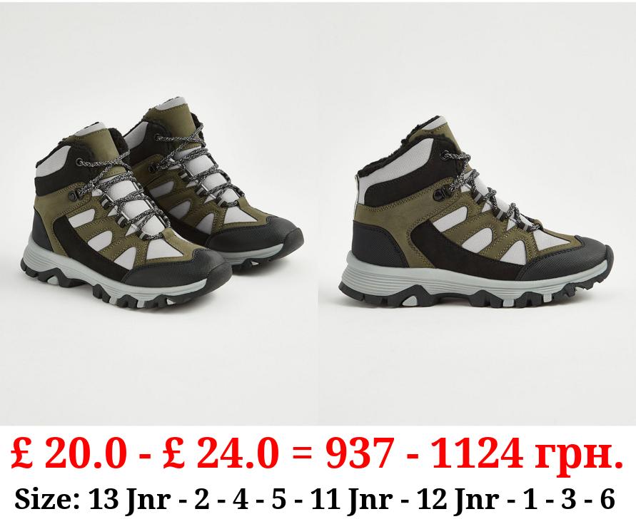 Khaki Panelled Fleece Lined Mountain Boots