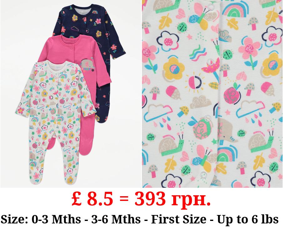Bright Floral Long Sleeve Sleepsuits 3 Pack