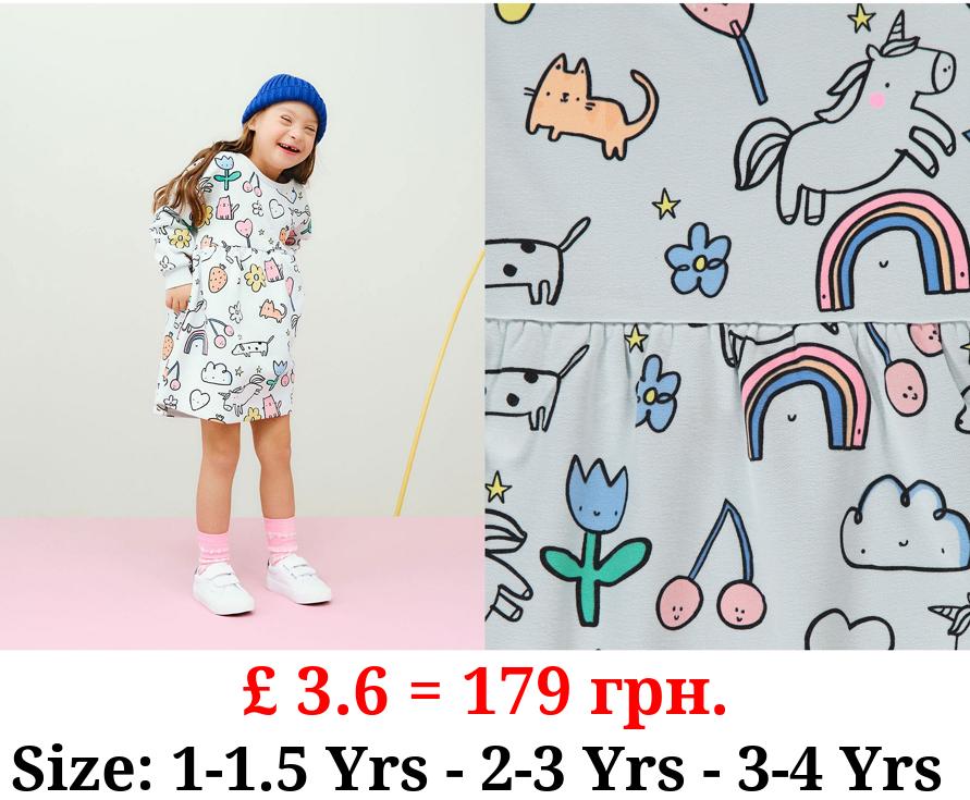 Blue Fun Printed Sweater Dress