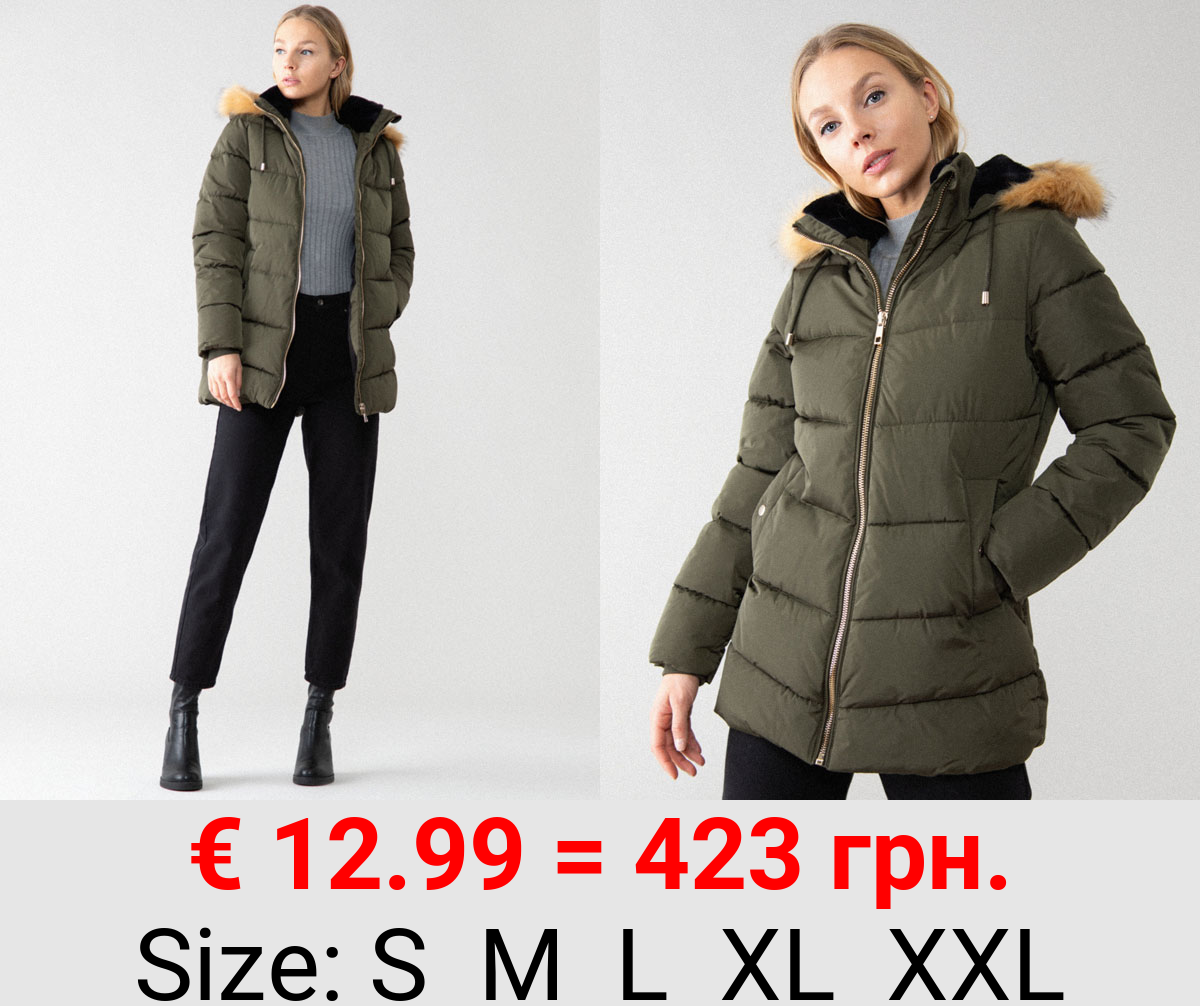 Puffer jacket with faux fur hood trim