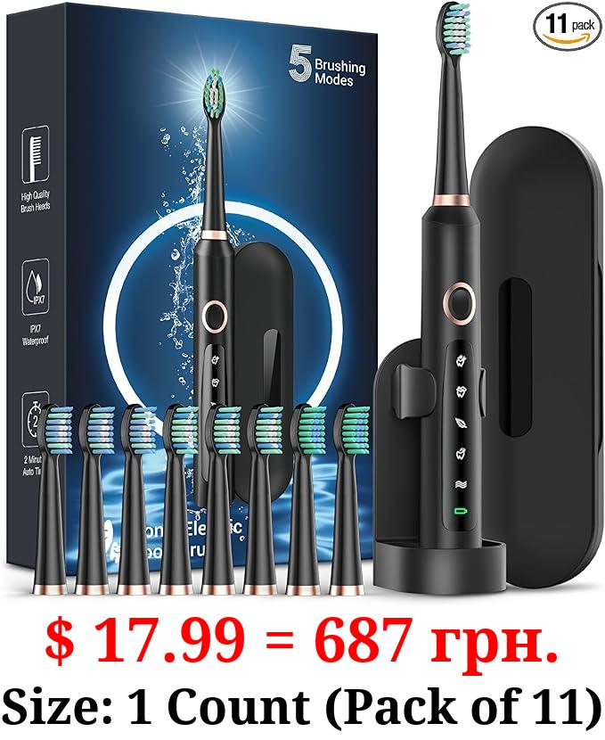 Sonic Electric Toothbrush for Adults - Rechargeable Electric toothbrush with 8 Brush Heads & Travel Case,Teeth Whitening , Power Electric Toothbrush with Holder, 3Hours Charge for 120 Days - Black