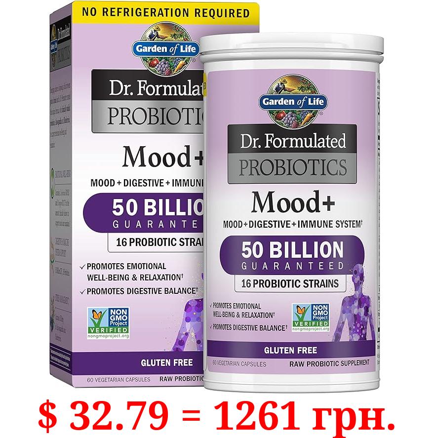 Garden of Life Dr. Formulated Probiotics Mood+ Acidophilus Probiotic Supplement - Promotes Emotional Well-Being, Relaxation and Digestive Balance - Ashwagandha for Stress Management, 60 Veggie Caps