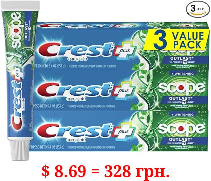 Crest Complete Whitening + Scope, Long Lasting Mint Toothpaste, Triple Pack (3 Count of 5.4 oz Tubes), 16.2 oz