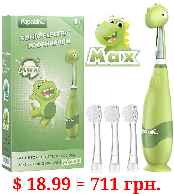 Papablic Toddler Sonic Electric Toothbrush for Ages 1-3 Years, Baby Electric Toothbrush with Cute Dino Cover and Smart LED Timer, 4 Brush Heads (Max)