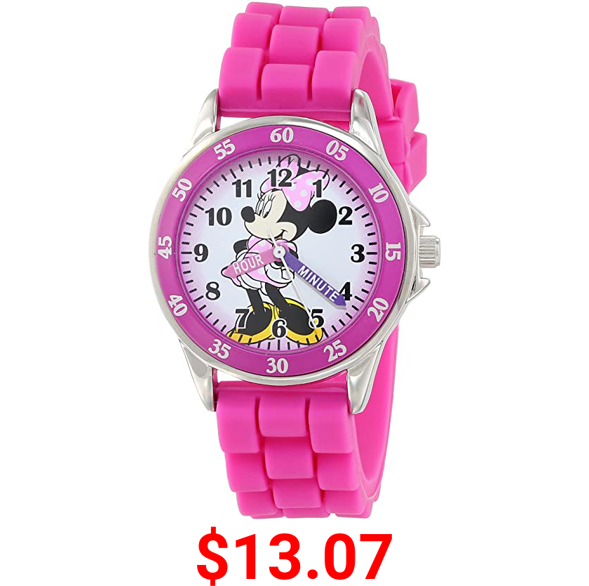 DISNEY Minnie Mouse Kids' Analog Watch with Silver-Tone Casing, Pink Bezel, Pink Strap - Official Minnie Mouse Character on The Dial, Time-Teacher Watch, Safe for Children - Model: MN1157