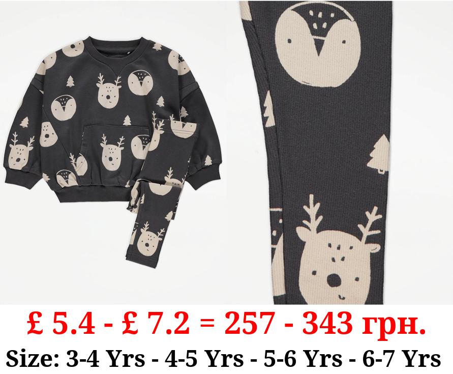 Grey Christmas Animals Sweatshirt and Leggings Outfit