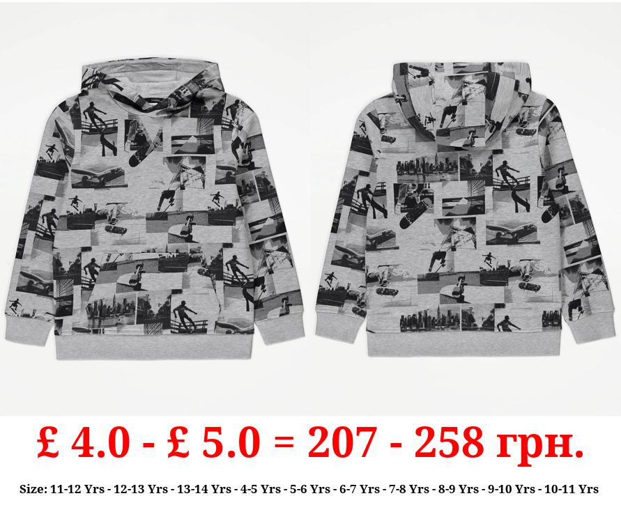 Grey Marl Photographic Skater Hoodie