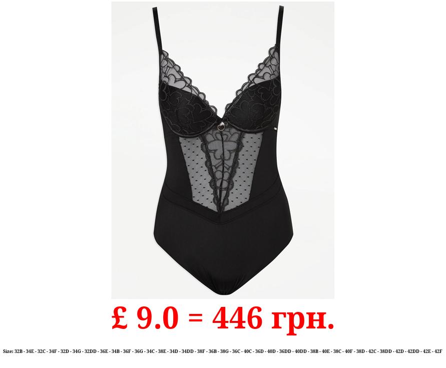 Entice Black Embroidered Heart Lace Plunge Bodysuit
