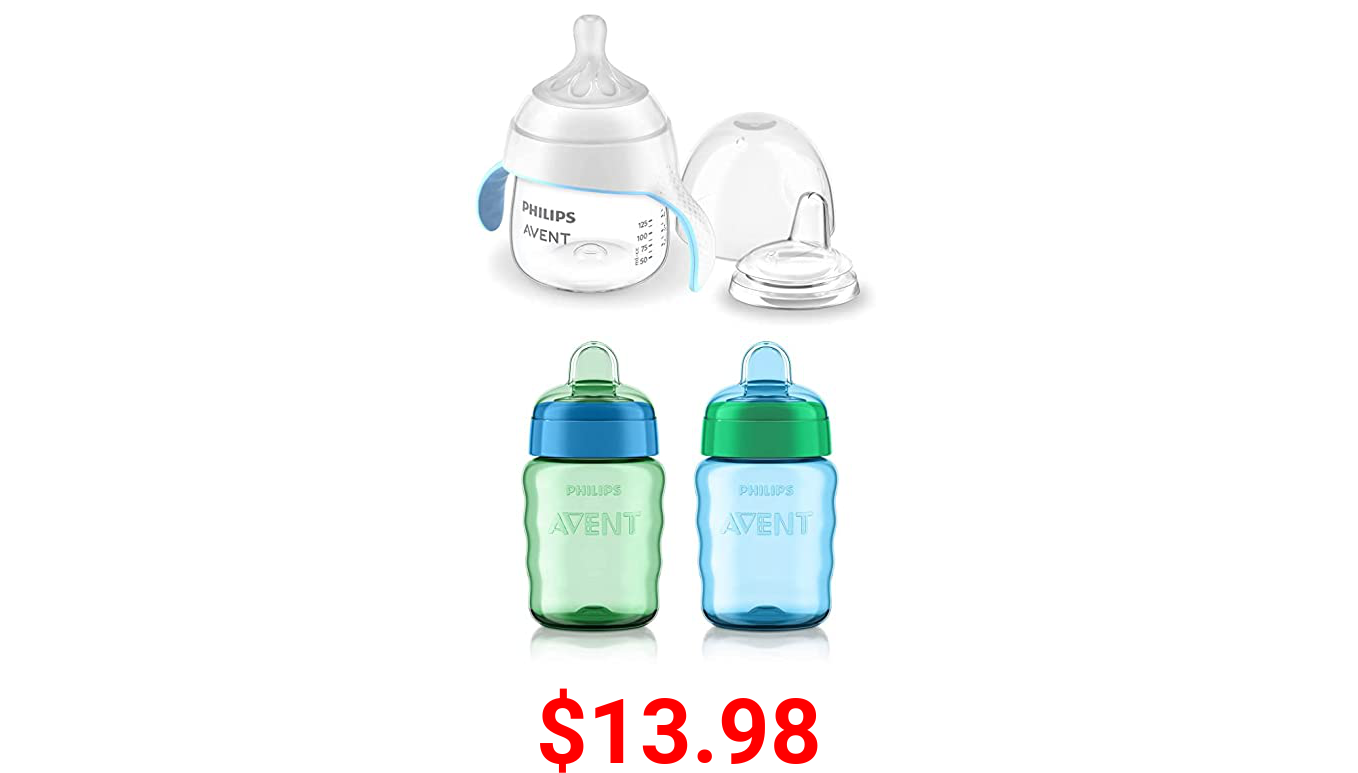 Philips Avent Sippy Cup Bundle with Natural Trainer Cup with Natural Response Nipple, 5 Ounce, 1 Pack + My Easy Sippy Cup, 9 Ounce, 2 Pack, Blue/Green