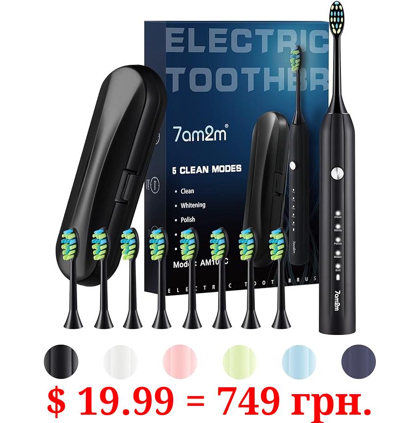 7AM2M Sonic Electric Toothbrush for Adults and Kids, with 6 Brush Heads, 5 Modes with 2 Minutes Build in Smart Timer, Roman Column Handle Design (Black, with Travel Case)