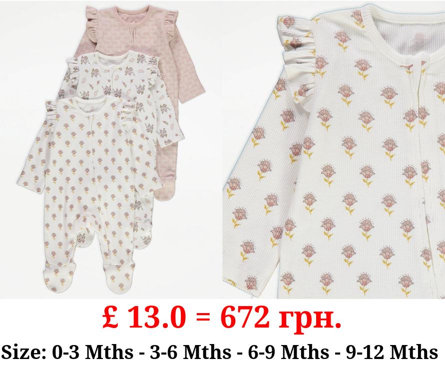 Pink Floral 2 Way Zip Frill Ribbed Sleepsuits 3 Pack