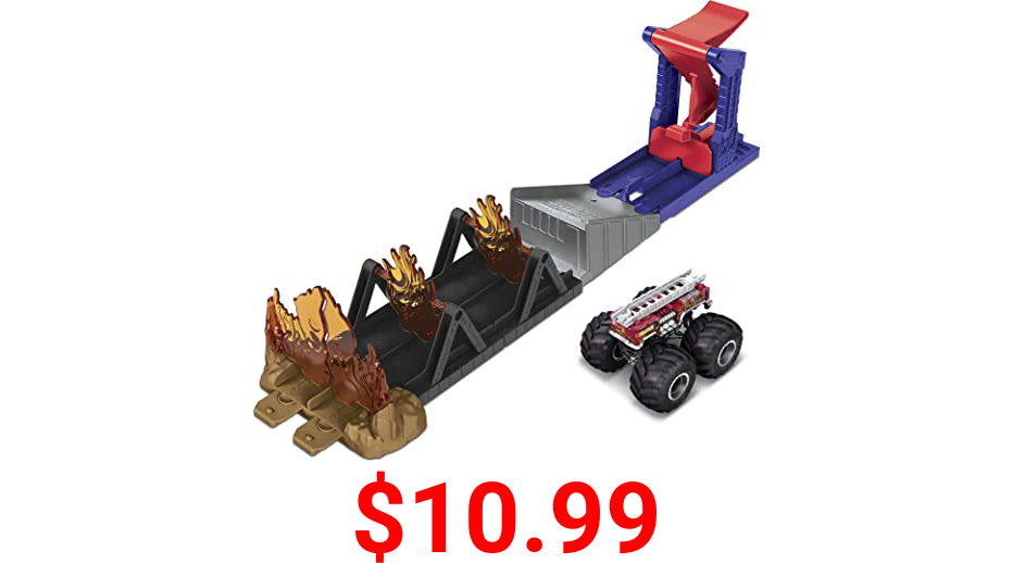 Hot Wheels Monster Trucks Fire Through Hero Playset with 1:64 Scale Die-cast 5 Alarm Vehicle & Launcher, Gift for Kids Ages 3 to 8 Years Old