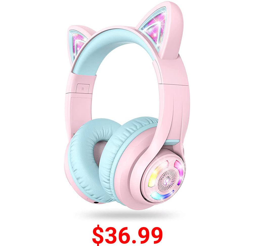 iClever Cat Ear Bluetooth Headphones RGB LED Light Up Over Ear with Microphone, 74/85/94dB Volume Limiting Comfort Foldable Wireless Headset for PC/Tablet/TV Kids Girls & Boys Teens, BTH13 Pink
