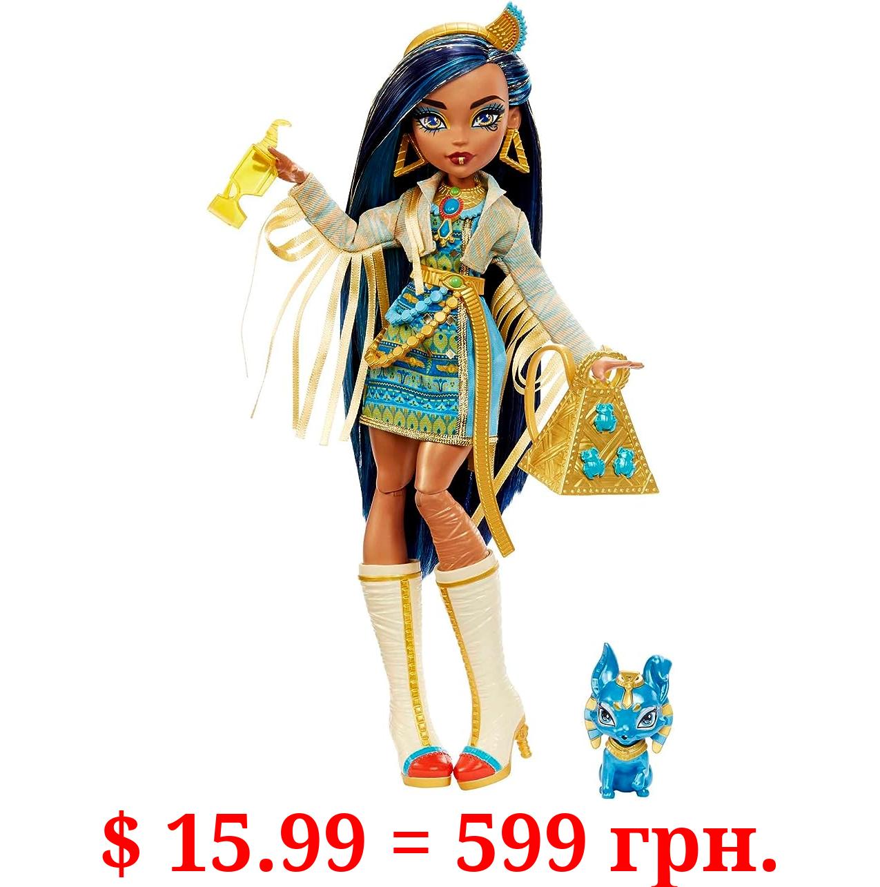 Monster High Cleo De Nile Fashion Doll with Blue Streaked Hair, Signature Look, Accessories & Pet Dog