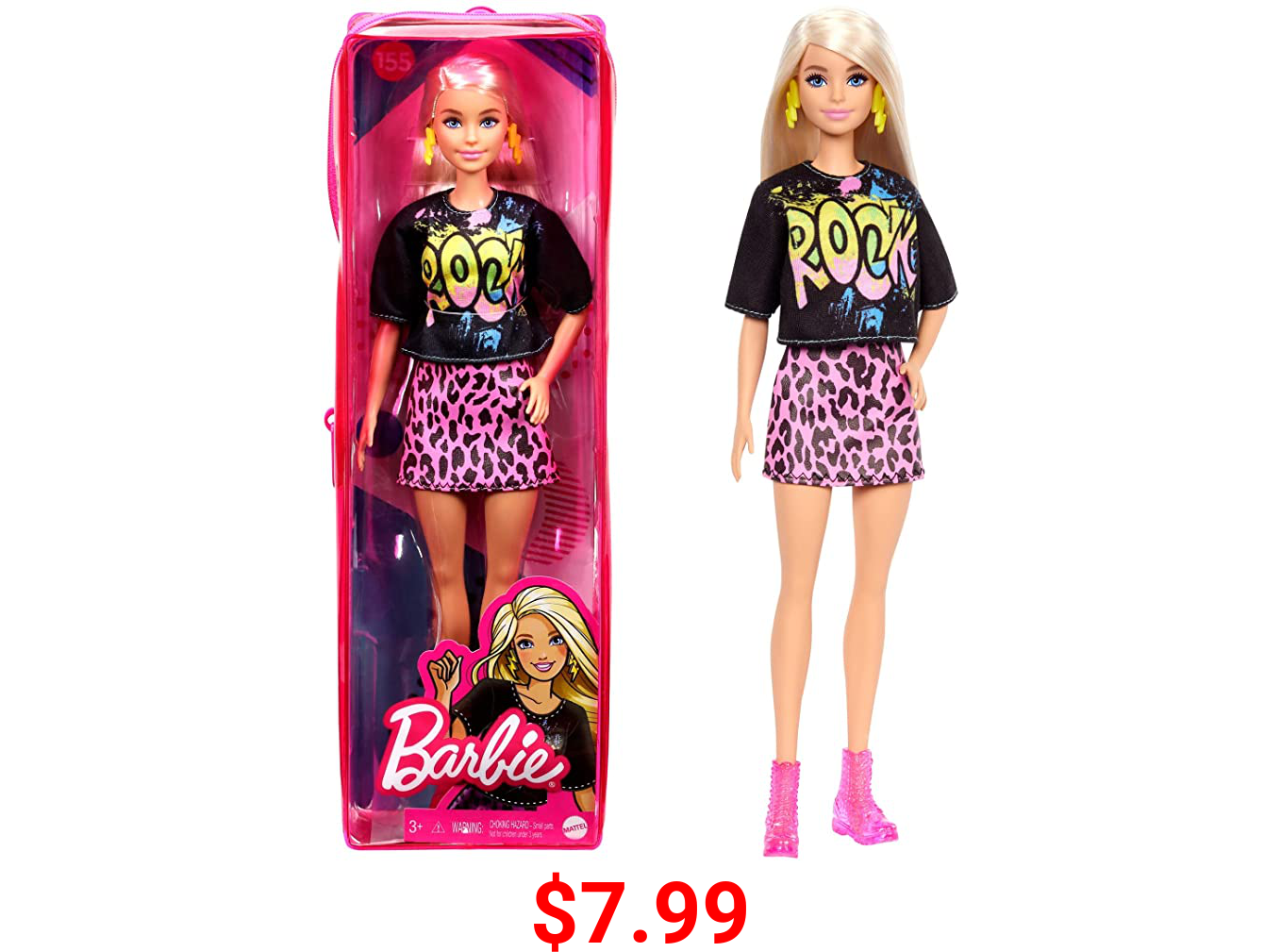 Barbie Fashionistas Doll #155 with Long Blonde Hair Wearing “Rock” Graphic T-Shirt, Animal-Print Skirt, Pink Booties & Earrings, Toy for Kids 3 to 8 Years Old , Black