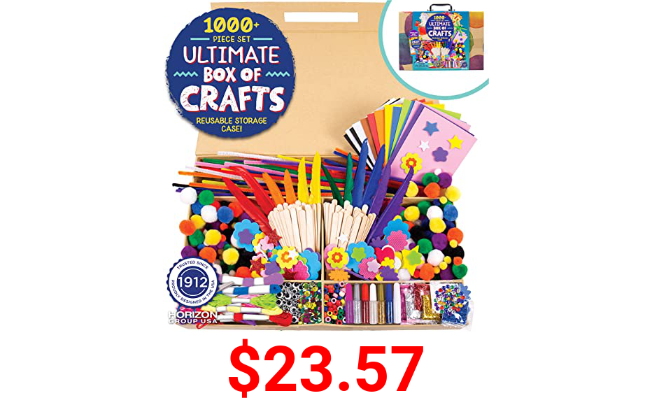 Horizon Group USA Giant 1000+ Pieces Ultimate Box of Arts & Crafts Supplies Set - Big DIY Kit for Kids & Toddlers, Homeschool, Preschool - Stickers,Feathers,Pipe Cleaners,Wood Sticks,Gemstones,Beads