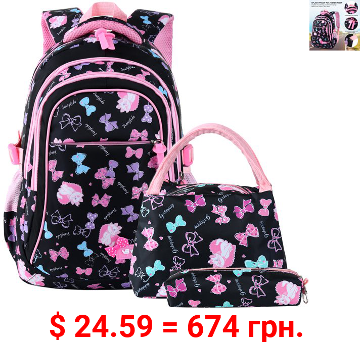 School Backpacks Girls and Boys Backpack with Lunch Bag/Pencil Case for Students between 7-16 Years Old - 3 in 1 Bookbags, Black