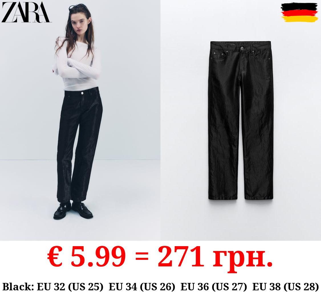 STRAIGHT-LEG MID-RISE SATIN-EFFECT TROUSERS