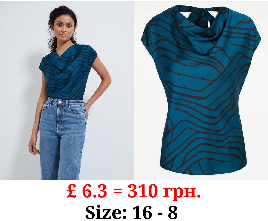 Teal Patterned Cowl Neck Open Back Top